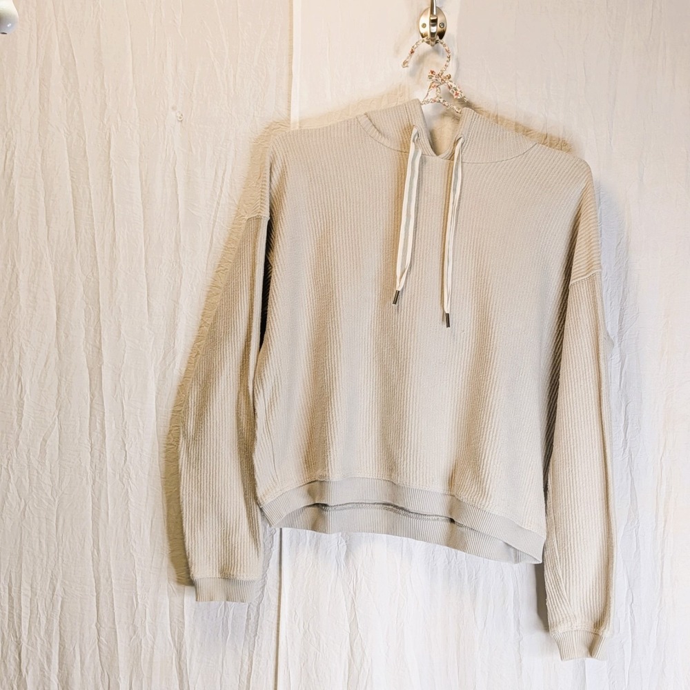 Aerie Ribbed Cropped Pullover Hoodie in Mint Green/ Gray XS Relaxed Loungewear